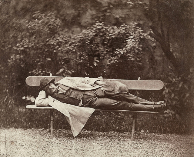 Self-portrait on a bench, ca 1855-1860.