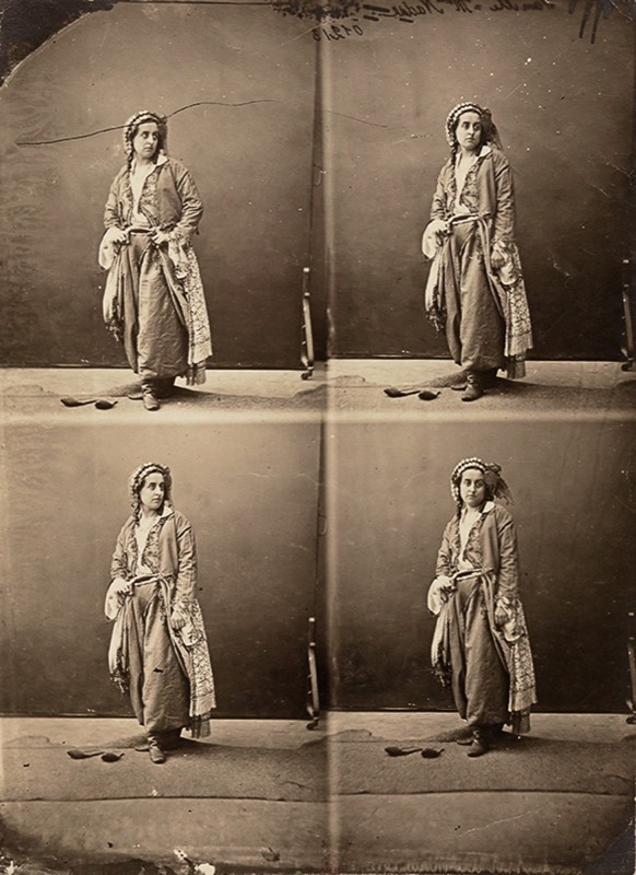 A rarely posing Ernestine, dressed in a Middle Eastern costume, around 1860.