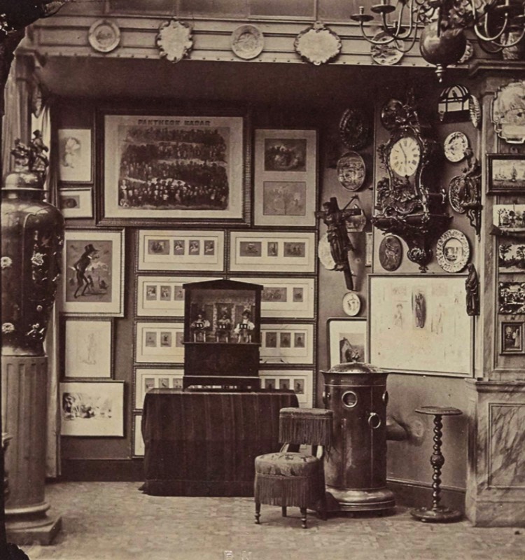 View of the interior of the studio at 35 Boulevard des Capucines, with Nadars Pantheon and other framed caraicatures-Félix Nadar, around 1861.