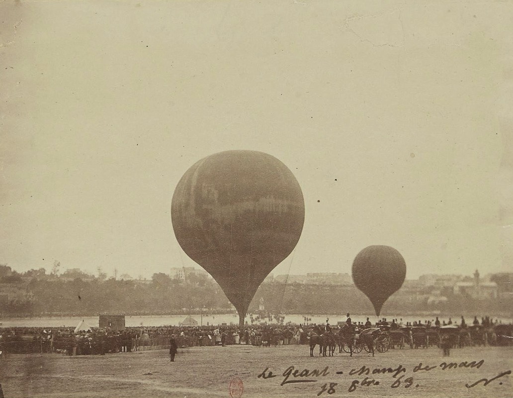 Paris, preparing for the 2nd flight of the Géant--Nadar,1863. The Géant is on the left, while the balloon on the right is regular sized.