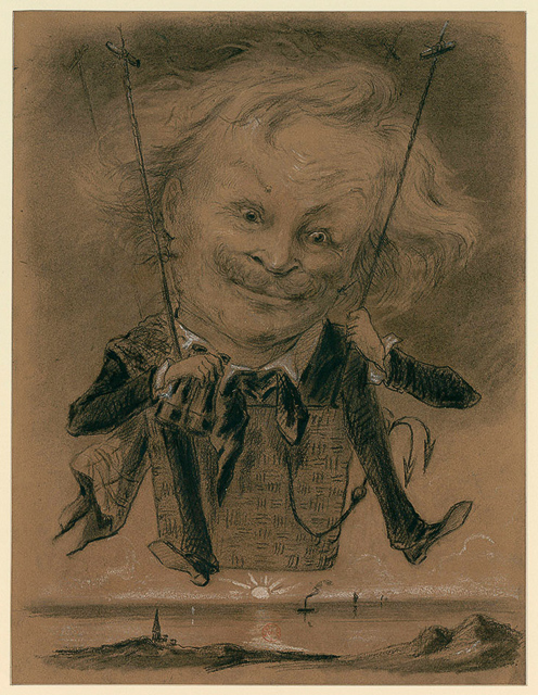 Self-caricature as obsessed balloonist. The big-headed portrait style influenced many artists.