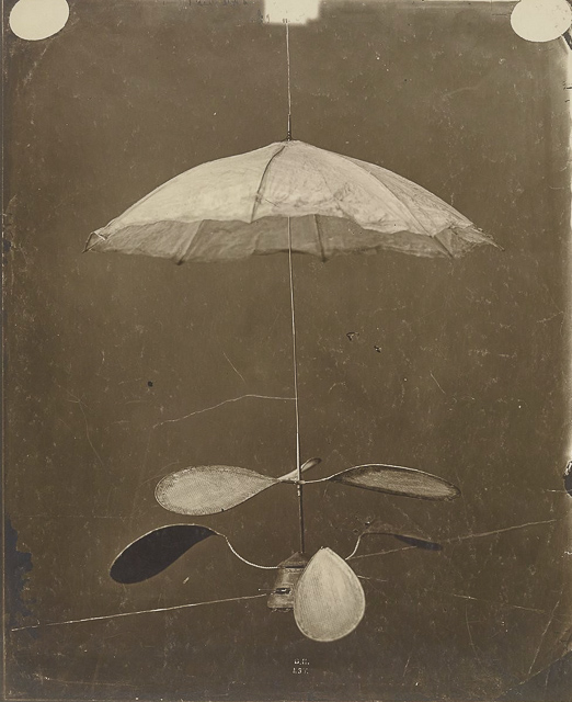 Model of Ponton dAmécourts steam-powered helicopter, with a parachute--Nadar, around 1863