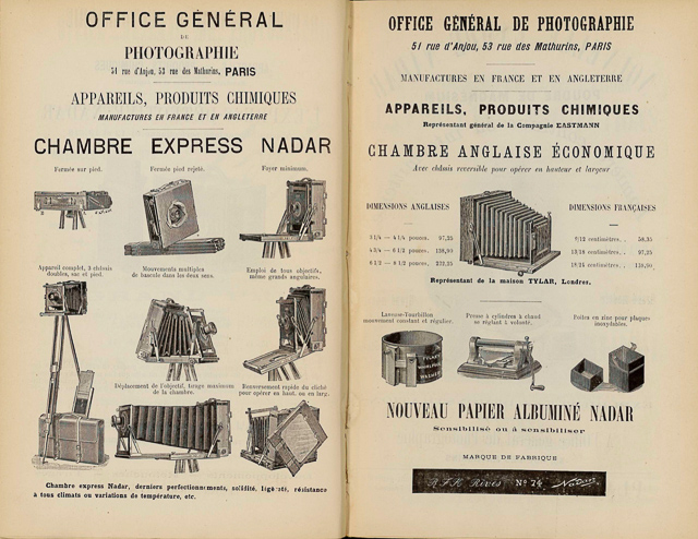 Ads for view cameras and photo chemistry for Office General de Photographie, 1891.