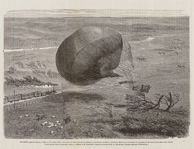 Dragging the Géant, an illustration of the terrible accident near Hanover, Germany, based on a sketch by Adrien.